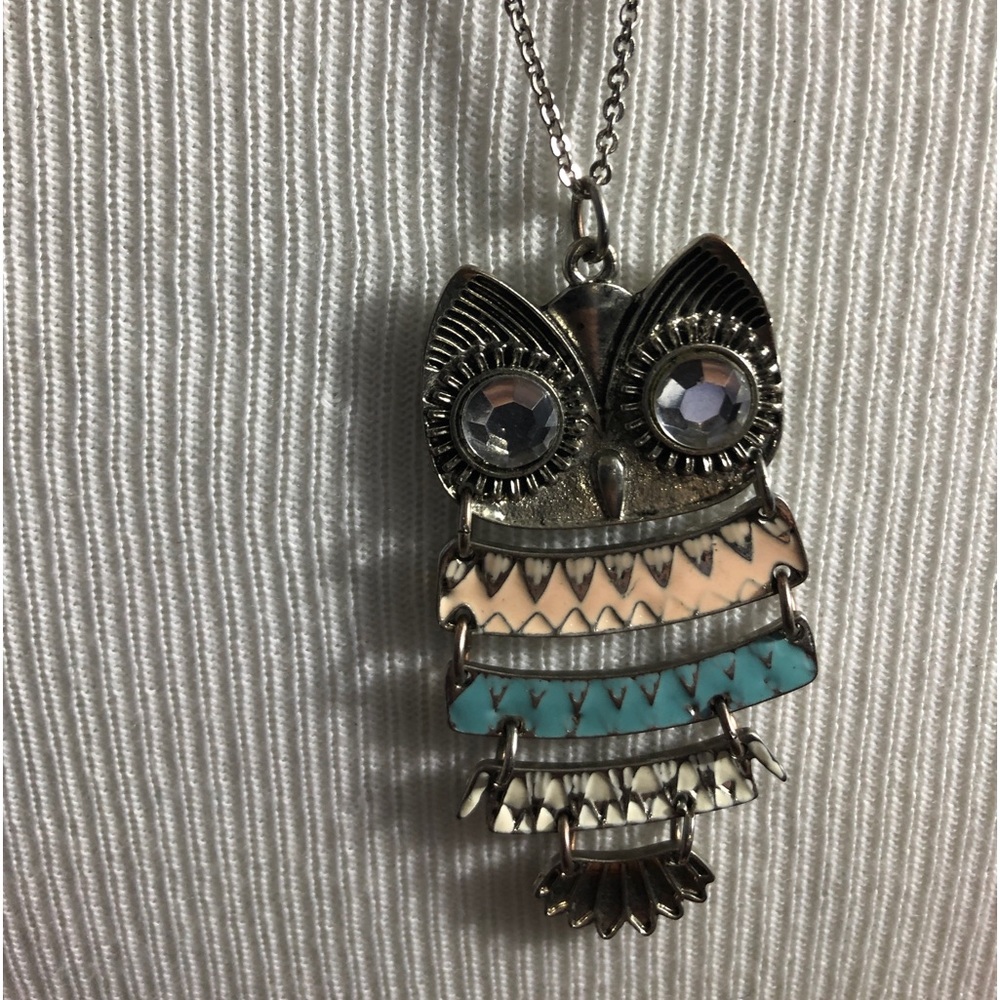 Vintage owl necklace articulated long chain figural boho